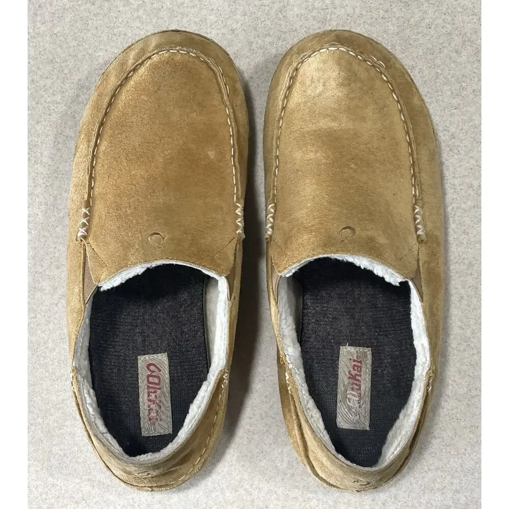 Olukai Moloa Slipper Men's Size 12 Beige Leather, Sheep Fur Lining, Drop In Heel